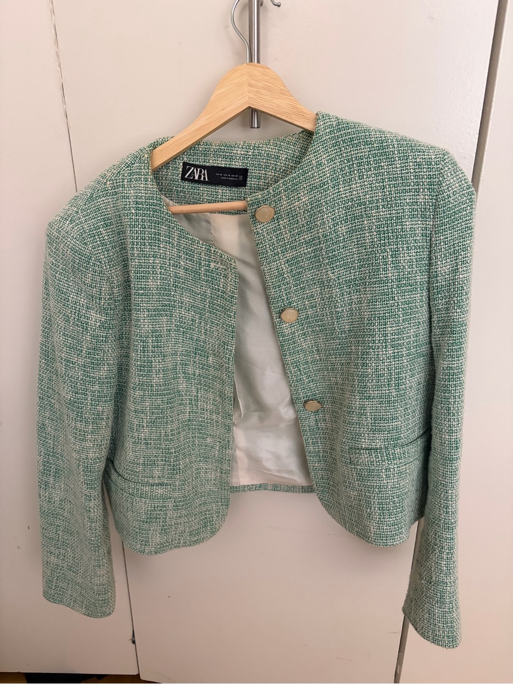 Zara Light Green Tweed Collarless Blazer
